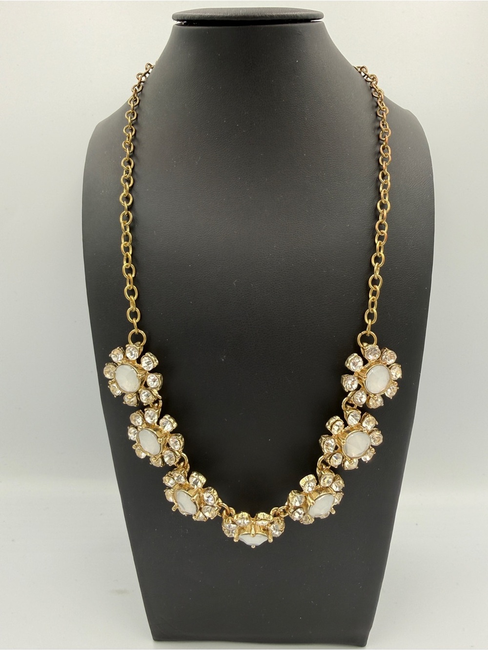 Gold Tone White & Clear Rhinestone Flower Statement Necklace Adjustable